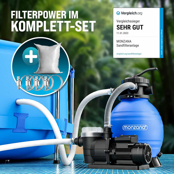 MONZANA Pool Sandfilteranlage SF96K 9600 L/h bis 30.000L | inkl. Filterglas, 7 Wege Ventil, 2in1 Ada