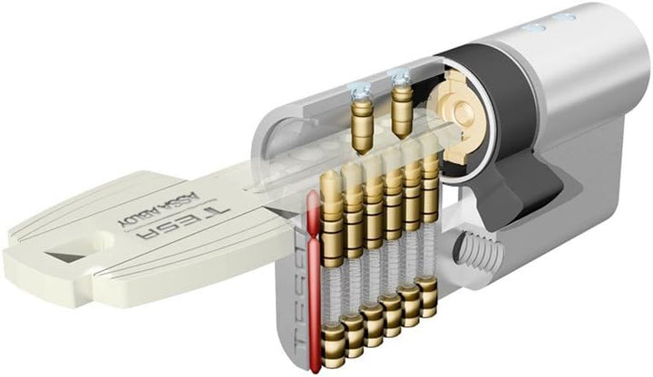 Tesa Assa Abloy T85B3030L Cilindro perfil Euro botón de 30Bx30, leva R15, acabado latón. 5 llaves. T