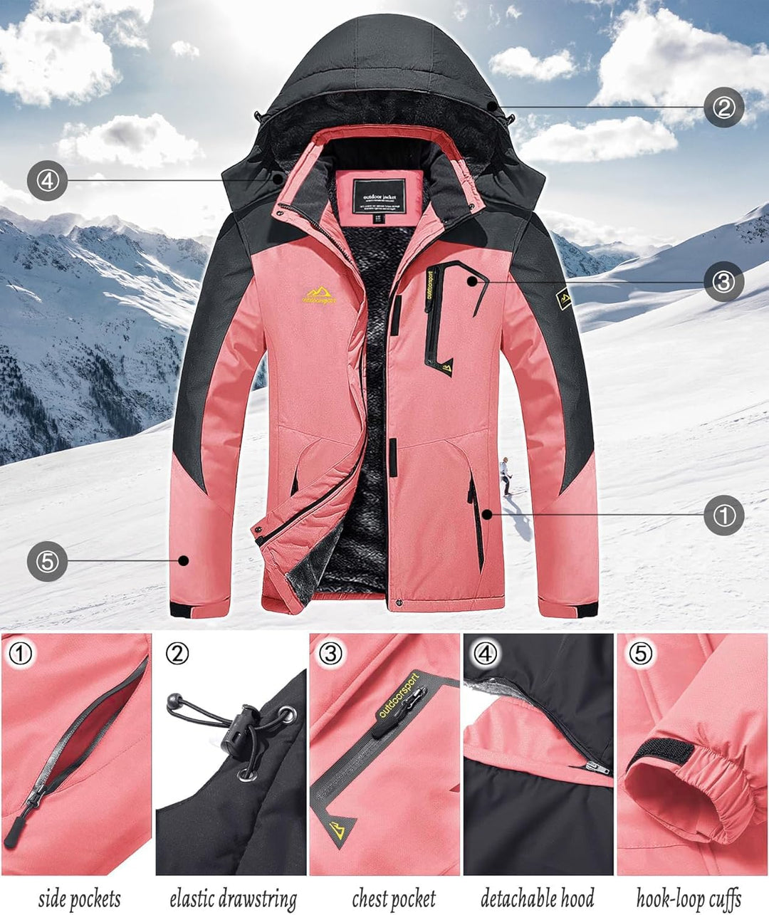 TACVASEN Damen Übergangsjacke Warm Winterjacke Gefüttert Wanderjacke Ski Jacket mit Wasserdichtem Re