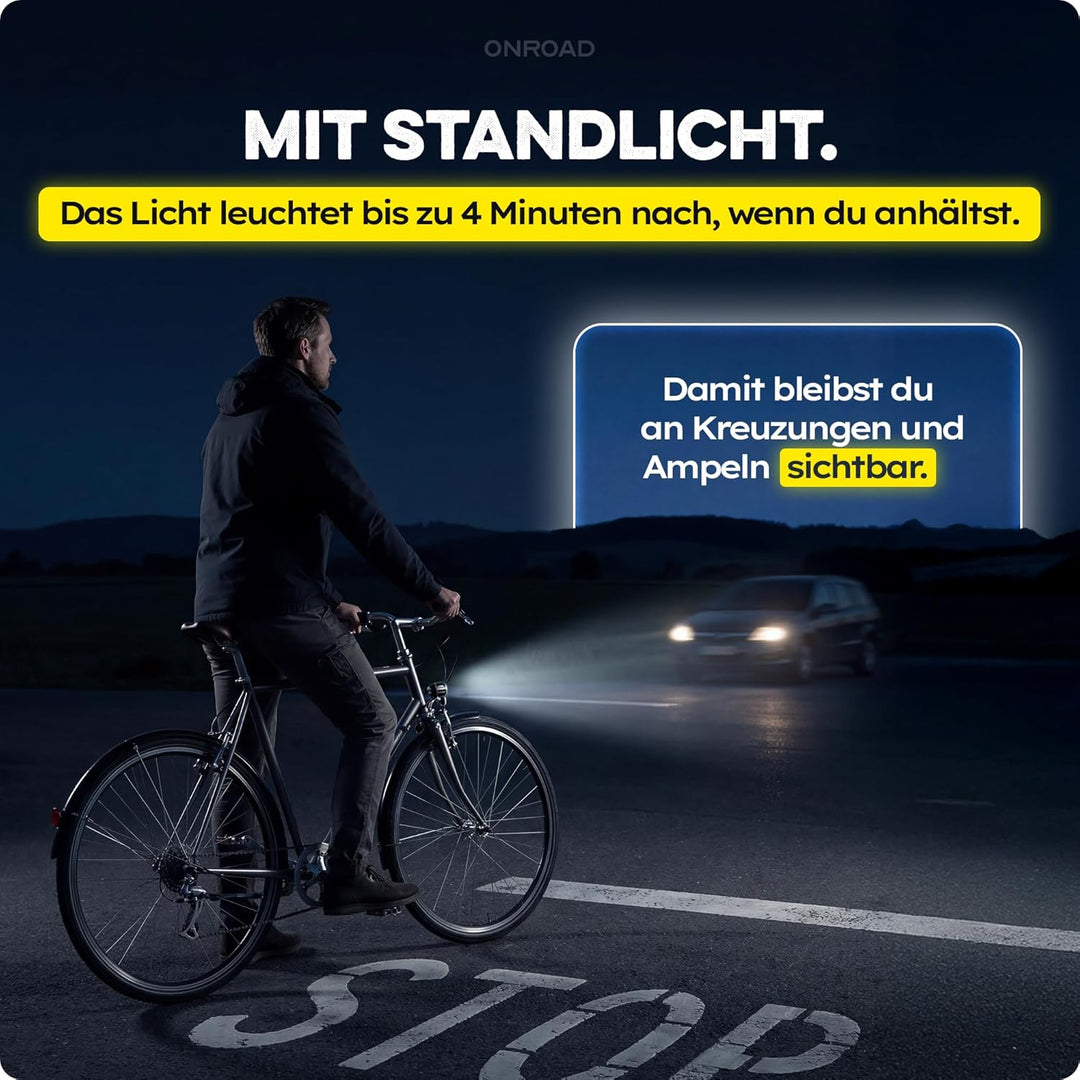 LED Fahrradlicht Dynamo 70 Lux - Fahrradlicht Set LUXON mit Automatischer Lichtanpassung & Standlich