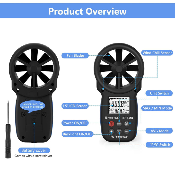 HoldPeak 866b Digitales Anemometer Wind Speed Meter für Measuring Wind Speed, Temperatur und Wind Ch
