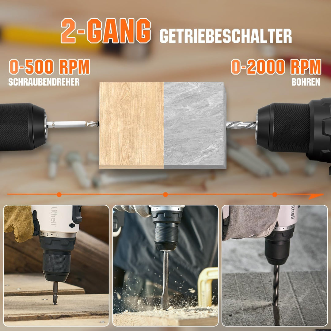 Litheli 20V Akku Bohrschrauber mit 2X10.000mAh Li-Ion Akku, 60 Nm Maximaldrehmoment, 17+1 Drehmoment