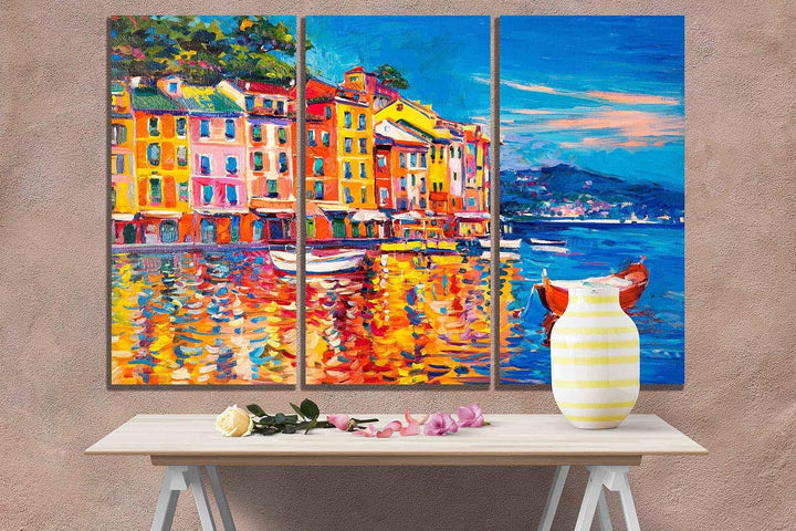 Kunstdruck auf Leinwand, Motiv Stadt und Boote, 3-teilig, 50 x 25 cm, 3 Stück 50 x 25cm (20 x 10 inc