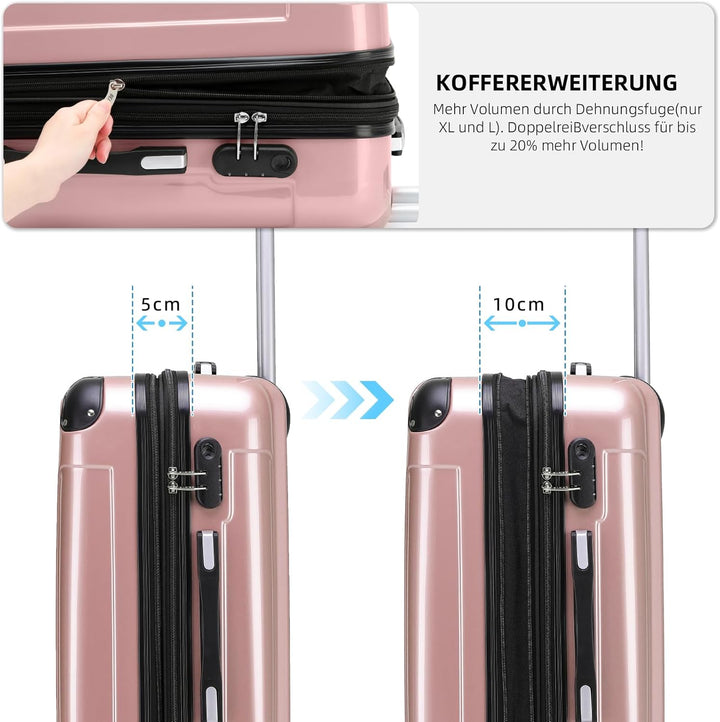 BEIBYE Hartschalen Koffer Trolley Rollkoffer Reisekoffer 4 Zwillingsrollen Polycabonat (Rosa Gold, K