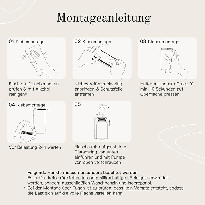 Designfabrik Hamburg | Glas Seifenspender mit Wandhalterung selbstklebend | Edelstahl-Pumpspender fü