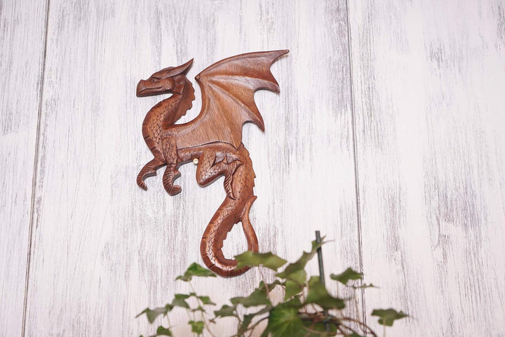 Windalf Wandbild Lizz 28 cm Drachen Wandrelief Links schauend Handarbeit aus Holz