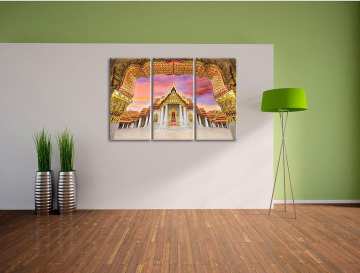 Pixxprint Marmortempel von Bangkok / 3-Teilig/Gesamtmass 120cm Leinwandbild bespannt auf Holzrahmen/