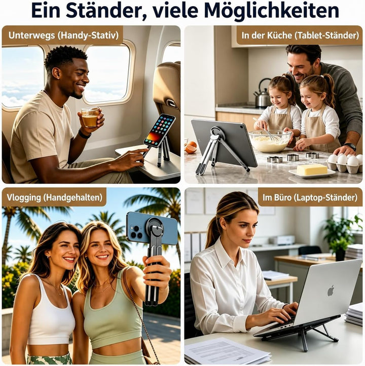 Faltbarer Laptop-Ständer mit N52 Magnet-Handyhalterung, 4-in-1 | Tragbarer Aluminium Computer-Stände