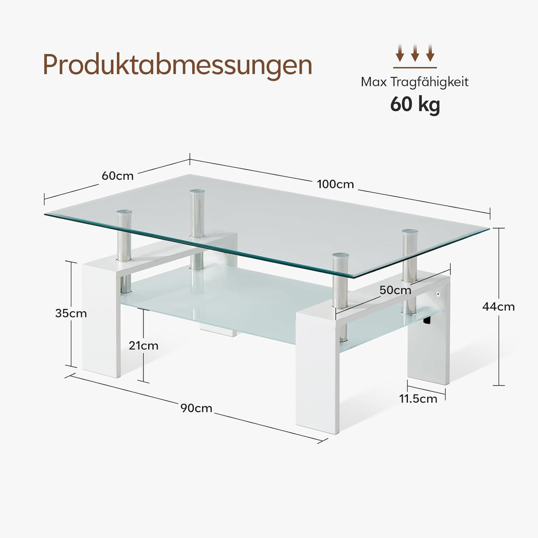 TUKAILAI Couchtisch Glas modern, Rechteckiger Wohnzimmertisch Beistelltisch mit unterer Ablage, Kaff