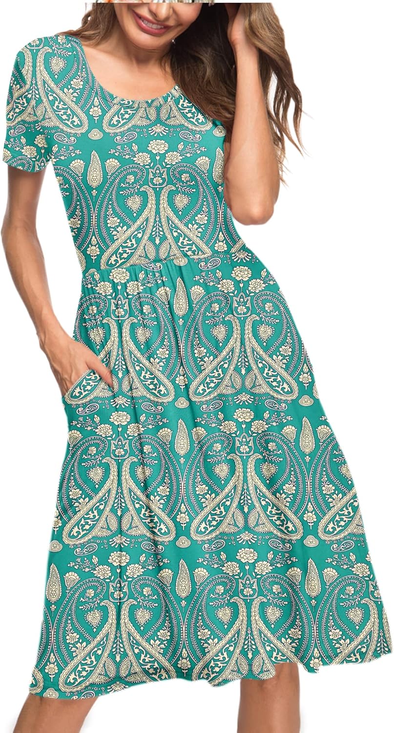 AUSELILY Damen Kleider Sommer Sommerkleider Knielang Kurzarm Empire Freizeitkleid Schicke Shirtkleid