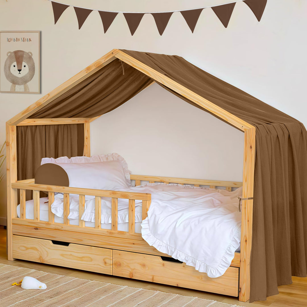 Hausbett Himmel Deko Set, Betthimmel Hausbett aus Musselin - 1 Betthimmel & 1 Wimpelkette, für Junge
