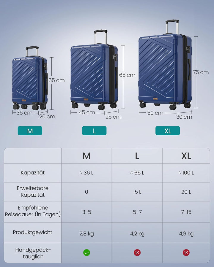 SONGMICS Koffer, Reisekoffer, Hartschalenkoffer mit TSA-Schloss, Koffergurt, ABS-Trolley, 4 Zwilling