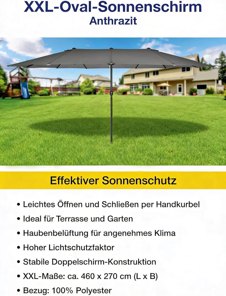QMBasic Doppelsonnenschirm 4,6 x 2,7 m Oval Anthrazit Gartenschirm Kurbel Sonnenschirm Marktschirm T