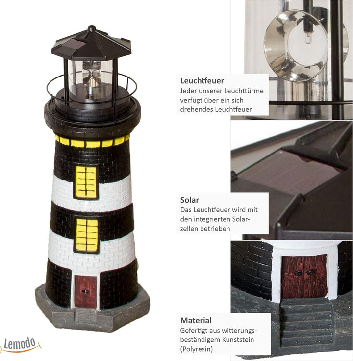 NATIV LEMODO Gartendeko Leuchtturm 83cm hoch | Handbemalte Gartenfigur mit solarbetriebenem, rotiere
