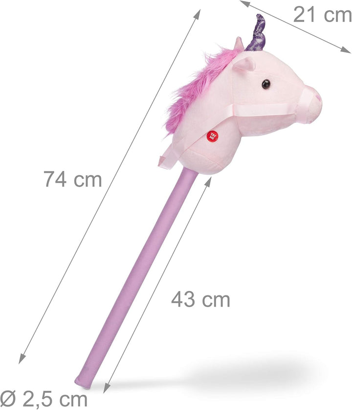 Relaxdays 10023852 Steckenpferd Einhorn, mit Sound, aus Holz & Plüsch, niedliches Stockpferd, Wieher