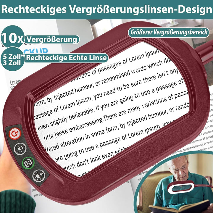 Drdefi 10X Rectangle Lupe mit Licht und Ständer, Echtes Glas Lupenlampe, 5 Farbmodi Stufenlos Dimmba