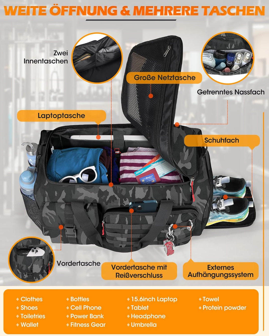 RAINSMORE 3 IN 1 Sporttasche Herren 45L Reisetasche Rucksackfunktion Handgepäck mit Schuhfach Latopf