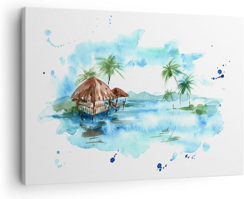 Bilder auf Leinwand Tropen Wasser Bungalow Ufer Leinwandbild 70x50cm Wandbilder Dekoration Wohnzimme