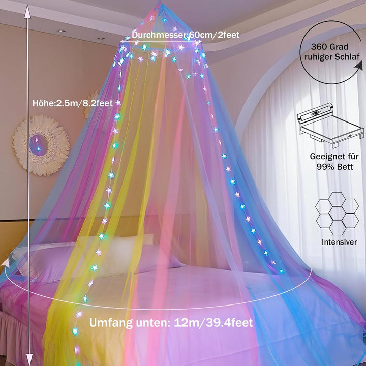 Regenbogen Betthimmel Mädchen mit Lichtern, 24 Farben Himmelbett Vorhänge LED-Stern Fee Lichter Prin