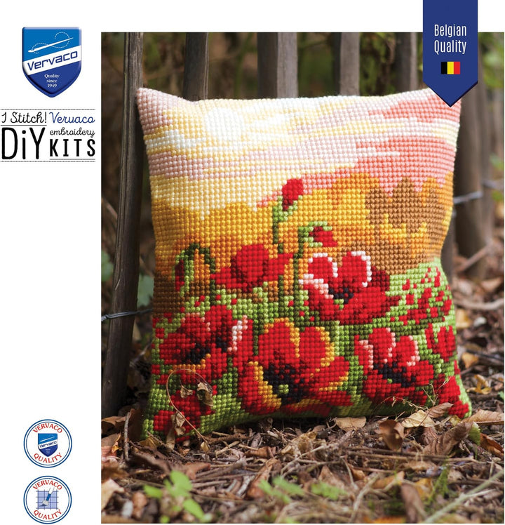 Vervaco PN-0157583 Mohnblumen Kreuzsichkissen vorbedruckt, Baumwolle, mehrfarbig, 40 x 40 cm