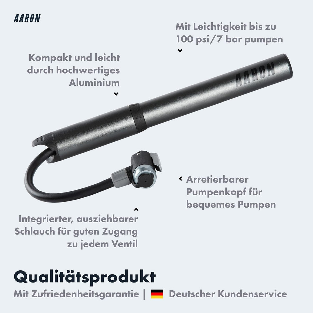 AARON Pocket One Mini Fahrradpumpe für alle Ventile - kompakte Luftpumpe passend für jeden Rahmen -