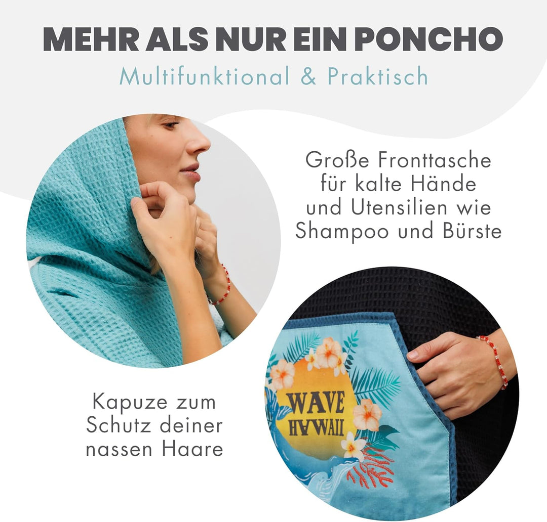 WAVE HAWAII Travel Poncho Pahoa S/M Surfponcho Duschponcho Umkleidehilfe 100% Baumwolle für Damen He