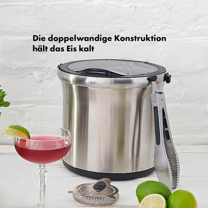 OXO Steel Eiskübel und Zange | Geschmolzenes Eis sammelt sich in tiefen Kanälen an, Die rutschfeste
