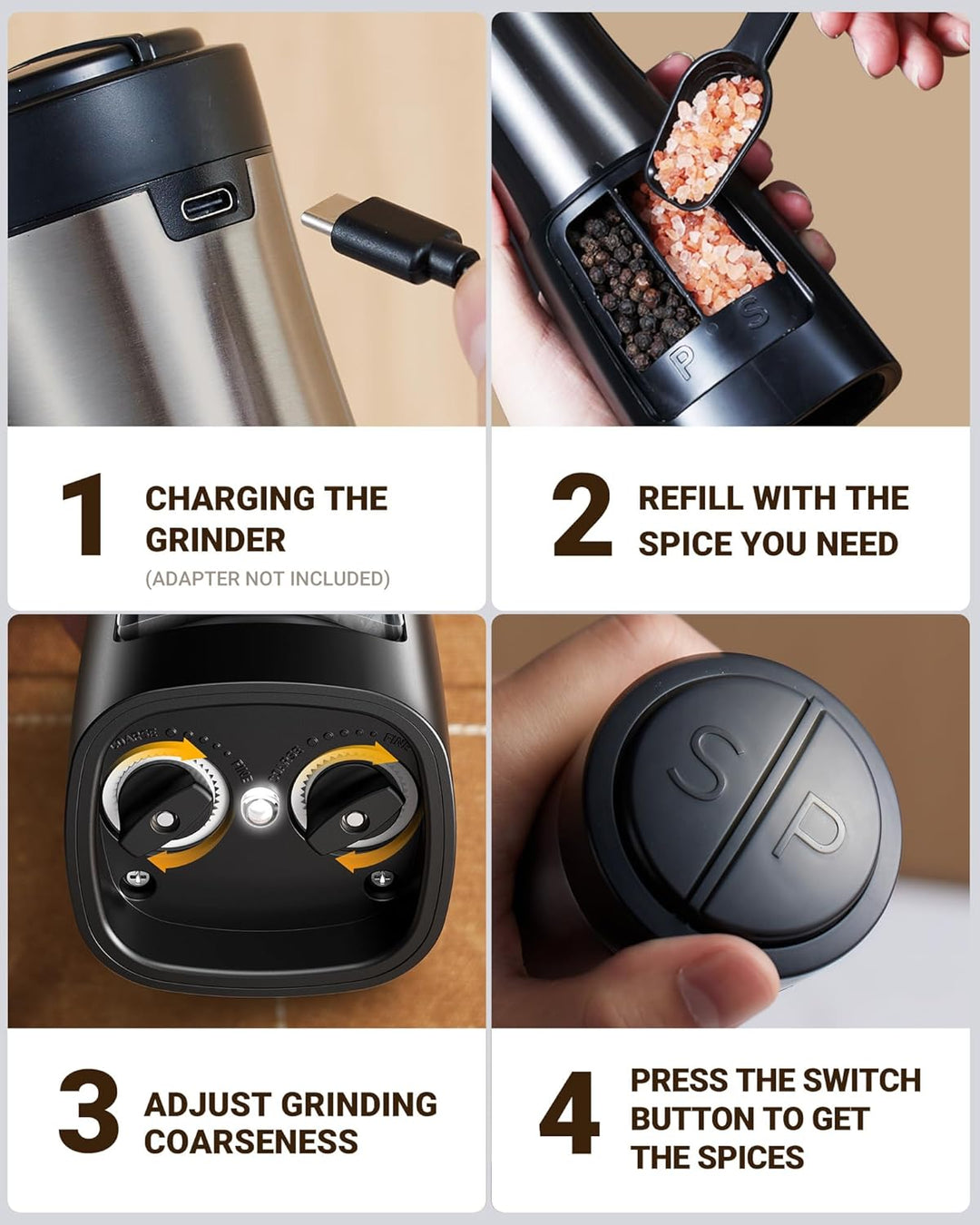 Sangcon 2 in 1 Salz und Pfeffermühle Elektrisch, Pfeffermühle USB-Aufladbarer，Automatische Einhandbe