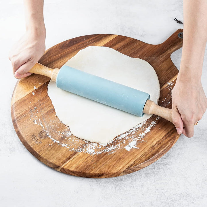 BILL.F Pizzaschieber aus Holz, 40,01 cm, rundes Schneidebrett mit Griff, Pizzabrett für Küche, Charc