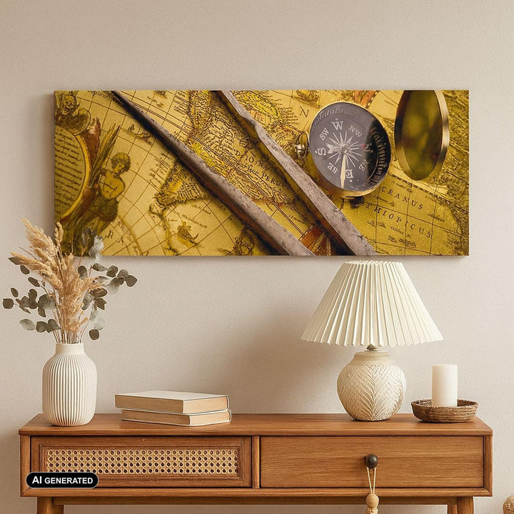 Panorama Bilder auf Leinwand 100x40cm Leinwandbild Kompass Abenteuer Reisen Gross Wanddeko Bild Schl