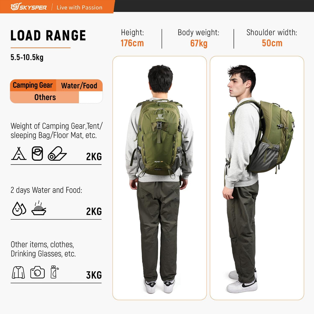 SKYSPER Wanderrucksack 30L Trekkingrucksack Wasserfest mit Rückenbelüftung und Netzrücken Tagesausfl