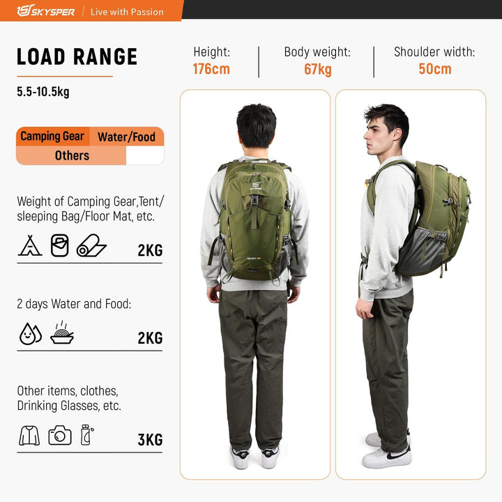 SKYSPER Wanderrucksack 30L Trekkingrucksack Wasserfest mit Rückenbelüftung und Netzrücken Tagesausfl