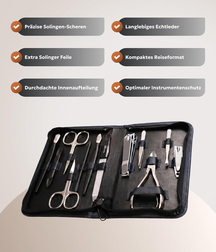 Solingen Reissverschlussetui Schwarz 12-teilig – Maniküre Set aus LWG Leder, präzise Nagelpflege – f