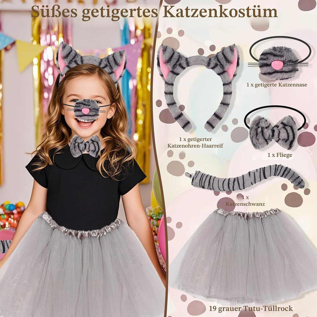 5 Stück getigerte Katzenkostüm-Accessoires für Mädchen, graues Katzenkostüm mit Stirnband, Nase, Fli