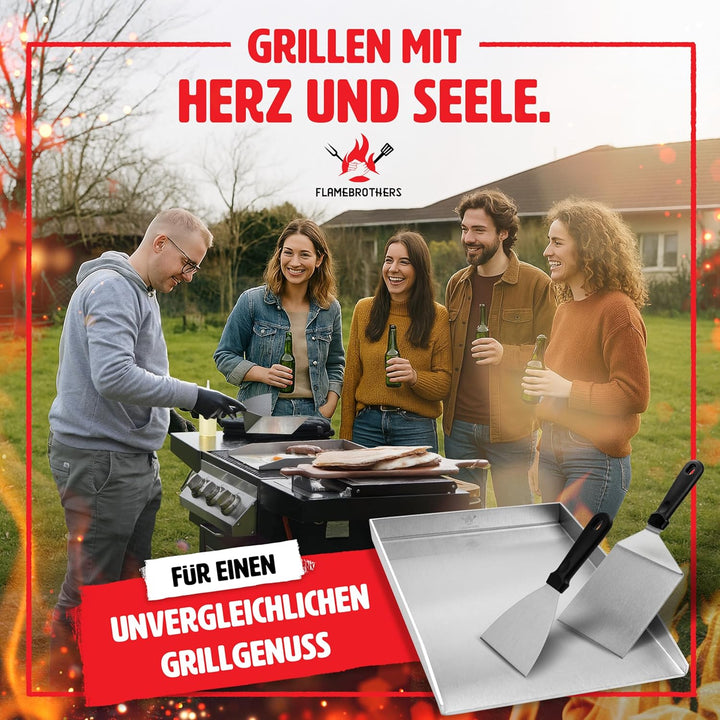 Plancha Grillplatte - All In Grillzubehör Set mit Grillspachtel & Grillschaber - 4mm rostfreier Edel