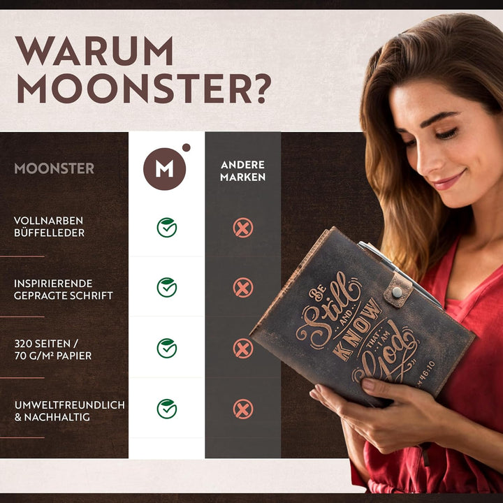 moonster Ledernotizbuch A5 Nachfüllbar – Notizbuch A5 Leder Damen mit Eingeprägtem Bibelvers Psalm 4