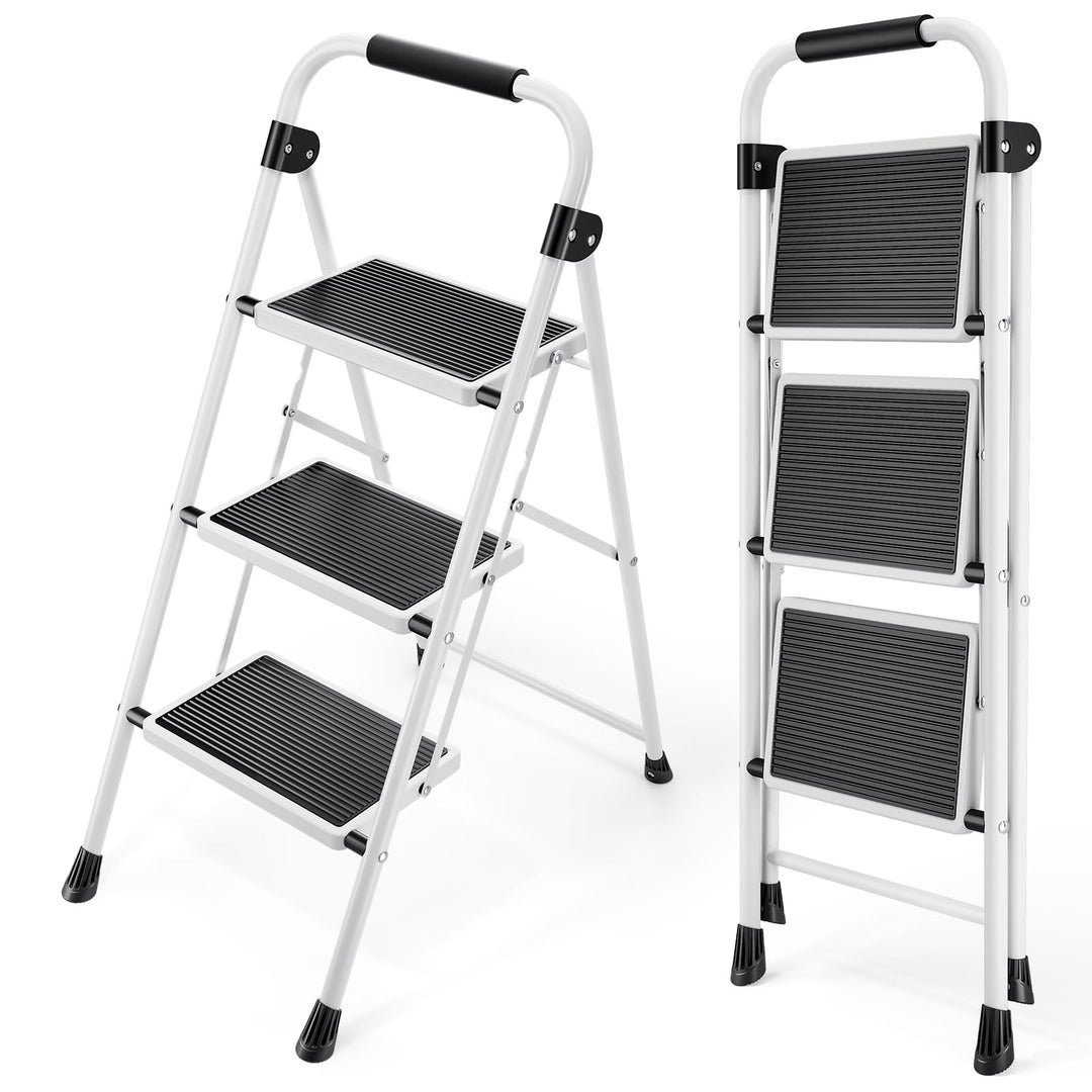 KINGRACK 3 Stufen Leiter, Trittleiter mit Handläufen, Stufenleiter, Klappleiter Tritthocker, Klapptr