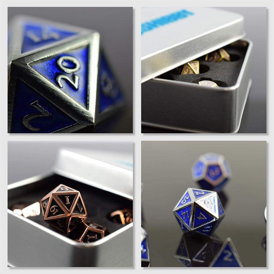 shibby 7 polyedrische Metall-Würfel für Rollen- und Tabletopspiele in Steampunk Silber/Blau-Optik in
