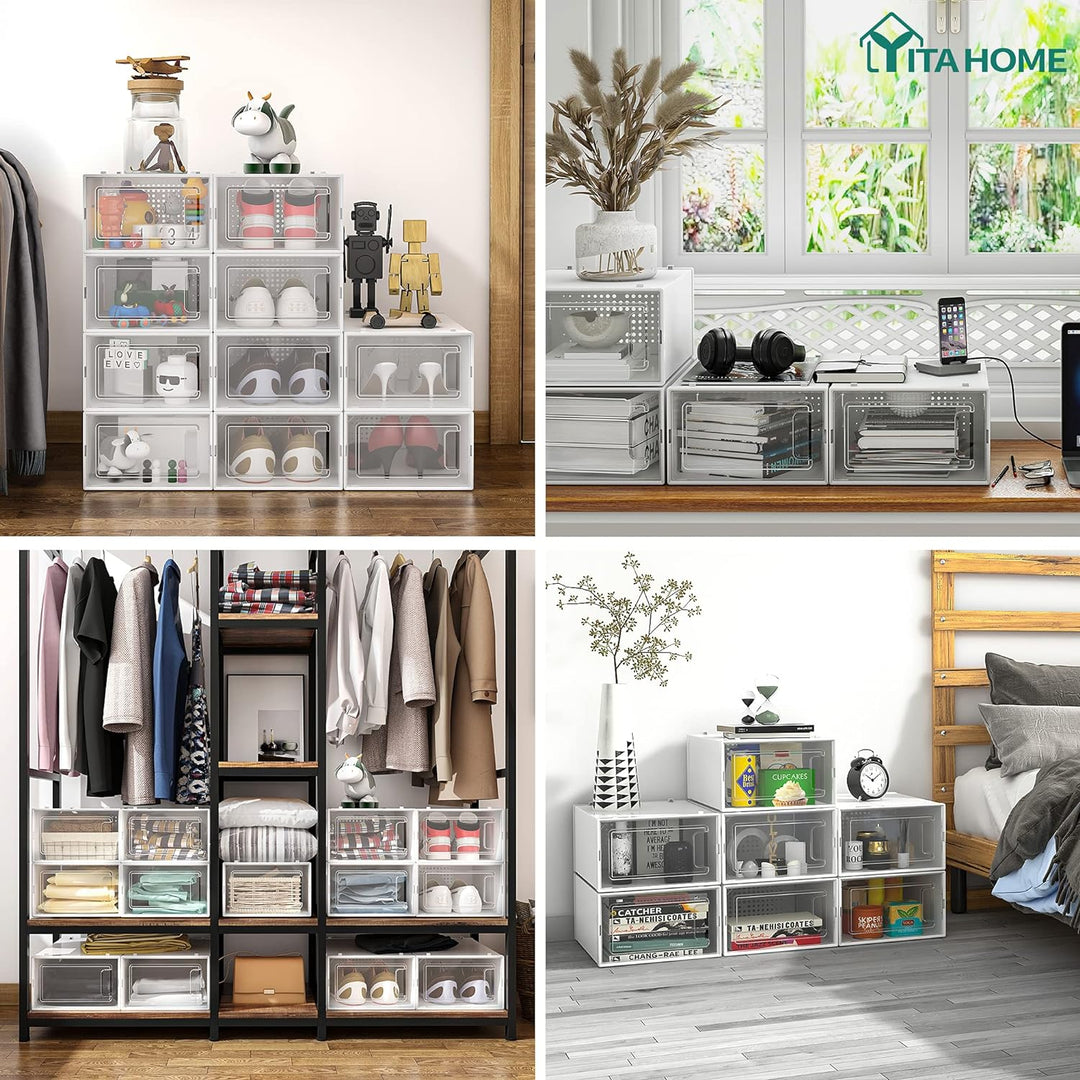 YITAHOME Schuhboxen, 12er Set, Schuhkarton stapelbar stabil, Aufbewahrungsboxen für Schuhe mit trans