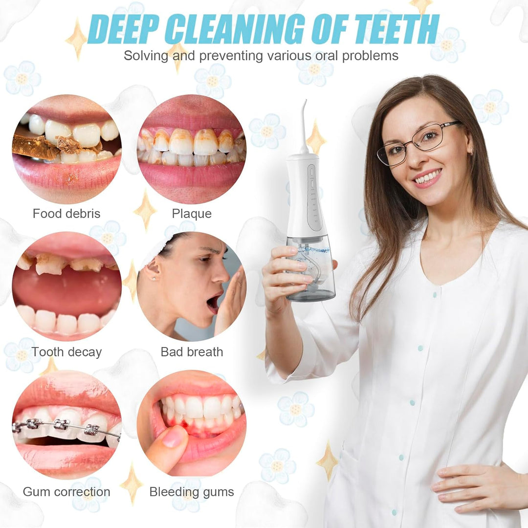 Munddusche Kabellos, Wasser-Bewässerungssatz mit 350ml Wassertank, Zahnbürste Elektrisch 5 Modi & 5