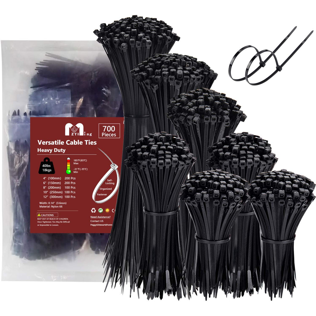 Kabelbinder Set 700 Stück Kabelbinder Schwarz, UV Beständigkeit 300/250/200/150/100 mm x 3,6 mm Sort