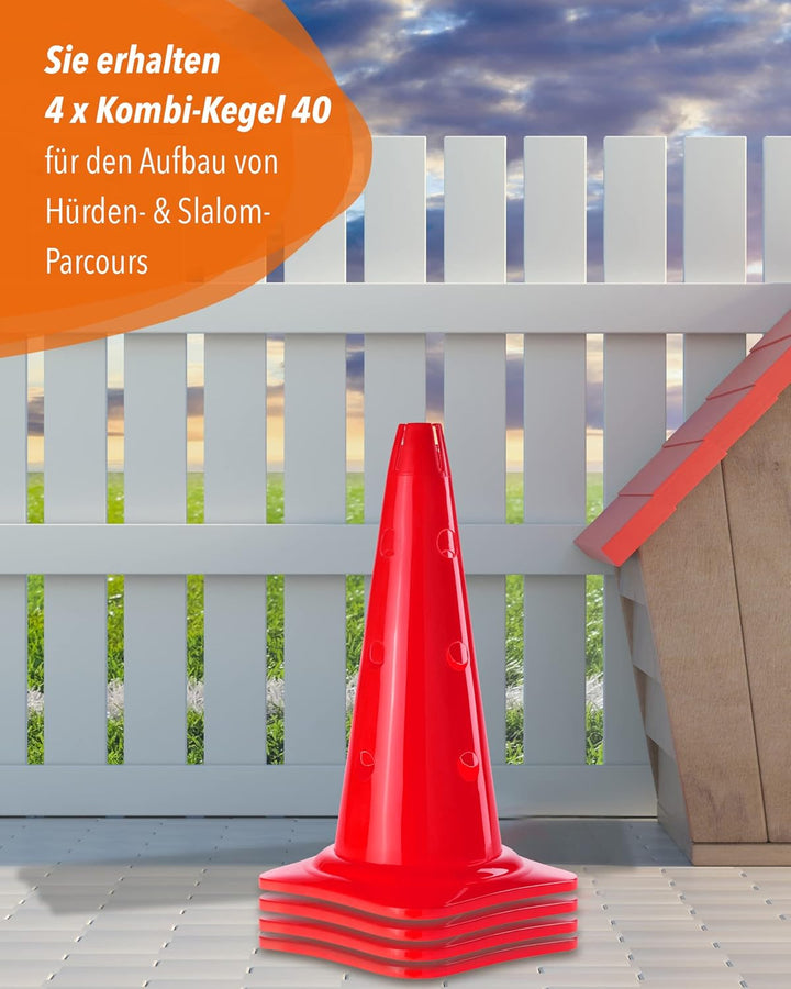 Kombi Kegel 40 – 4er Set – für den Aufbau von Hürden- oder Slalom-Parcours für Agility-Training – Sp