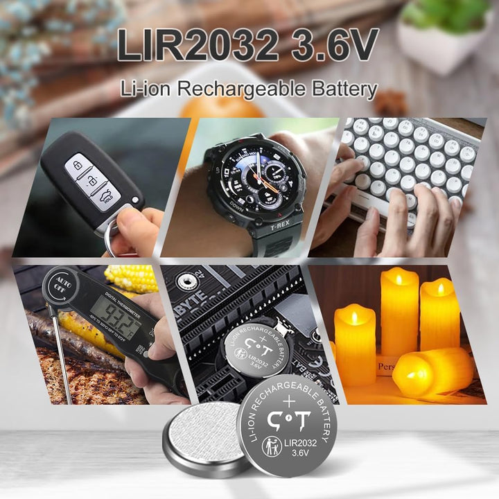 Wiederaufladbare LIR2032 3.6V Knopfzellenbatterien (6 Stück) mit Ladegerät – Ersatz für CR2032 3V- m