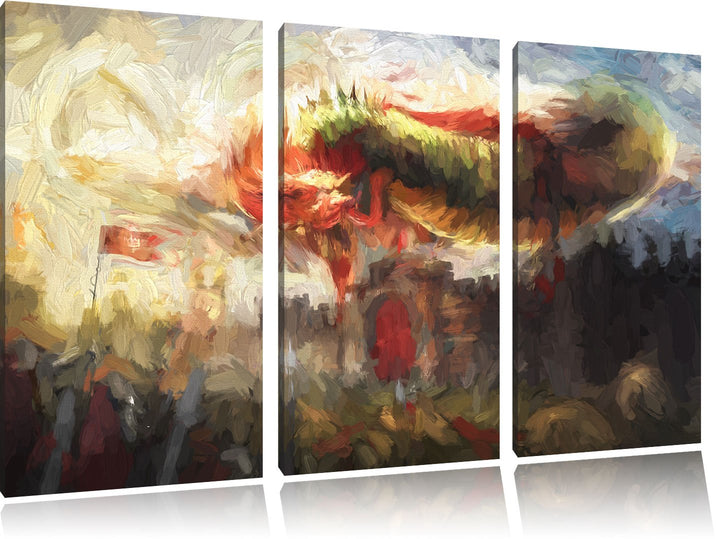 Pixxprint Drache über der Festung als Leinwandbild/Grösse: 3 Teilig (120x80 cm) cm/Wandbild/Kunstdru