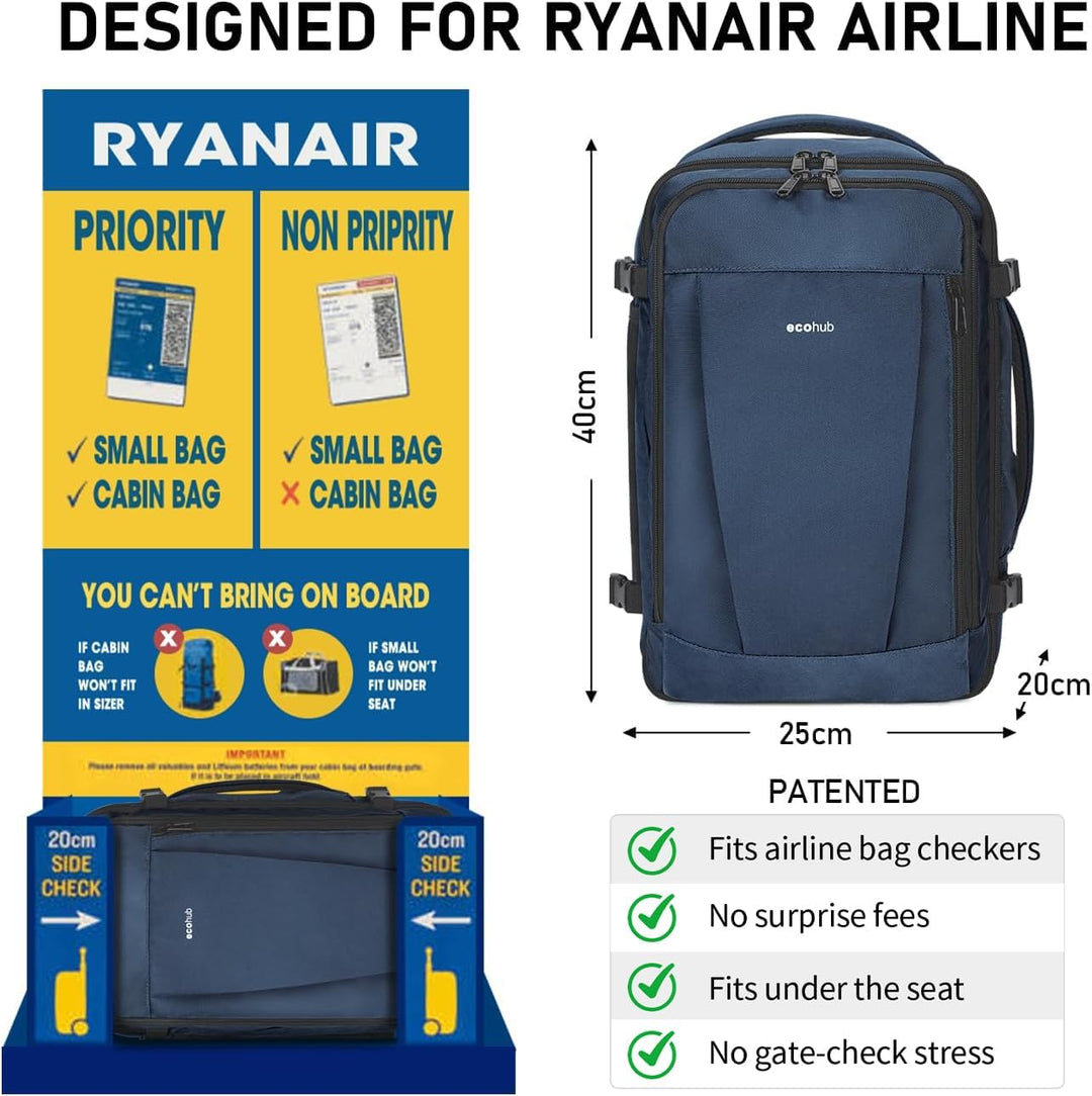 ECOHUB Rucksack 40x20x25 Ryanair Handgepäck 13 Taschen Reiserucksack Flugzeug Carry-ons Wasserdichte