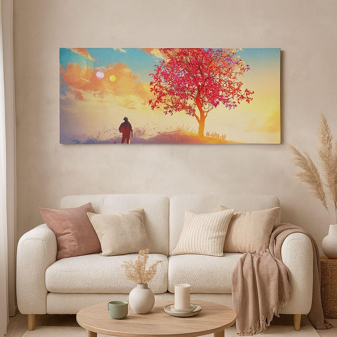 Wandbilder Dekoration Wohnzimmer Baum Wiese Feld Panorama Bilder auf Leinwand 120x50cm Leinwandbild
