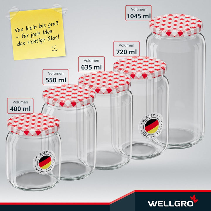 WELLGRO 12x Einmachgläser mit Schraubdeckel - 550ml - Deckel rot kariert To 82 - Made in Germany - V