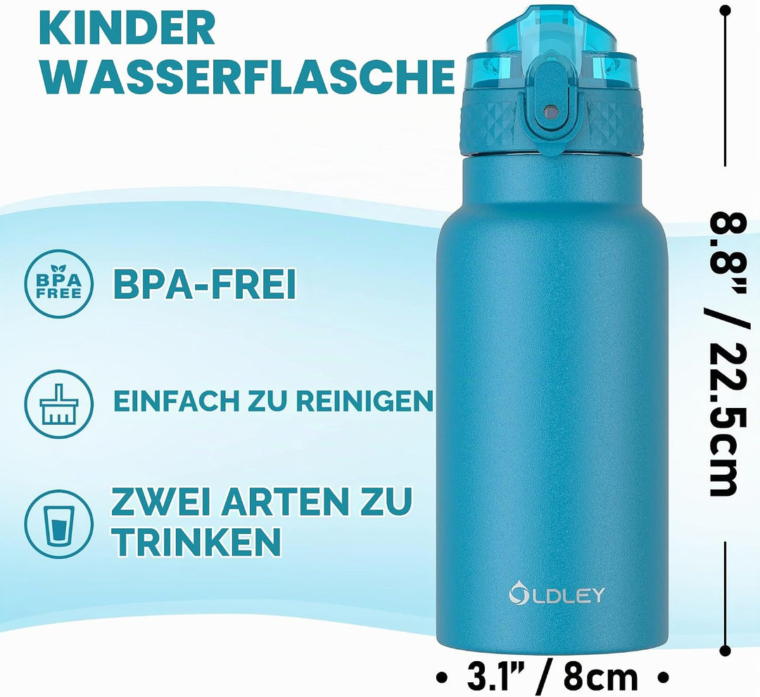 OLDLEY 500ml Kinder Edelstahl Wasserflasche mit Stroh für Schule mit 2 verschiedenen Deckeln, Metall