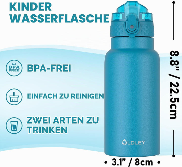 OLDLEY 500ml Kinder Edelstahl Wasserflasche mit Stroh für Schule mit 2 verschiedenen Deckeln, Metall