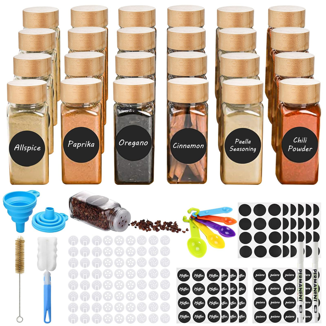 TWBEST Gewürzgläser 24er Set, Gewürzgläser Eckig mit Streueinsatz,120ml Gewürzdosen mit Bambusdeckel